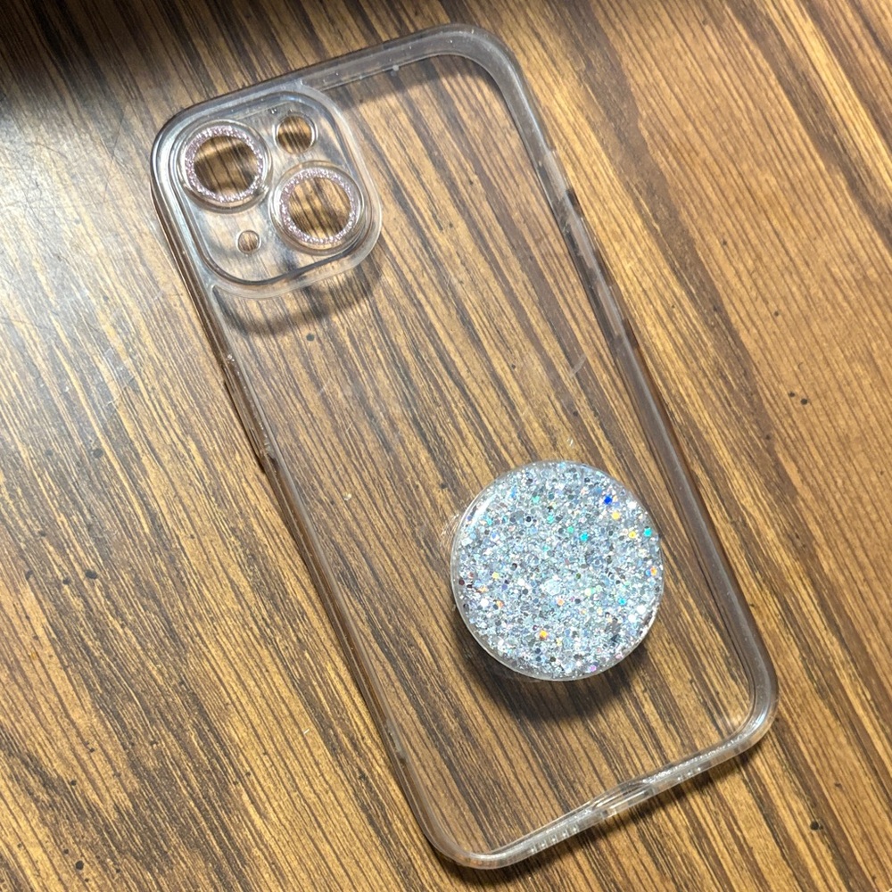 iPhone 14 Clear Glitter Phone Case with pop socket